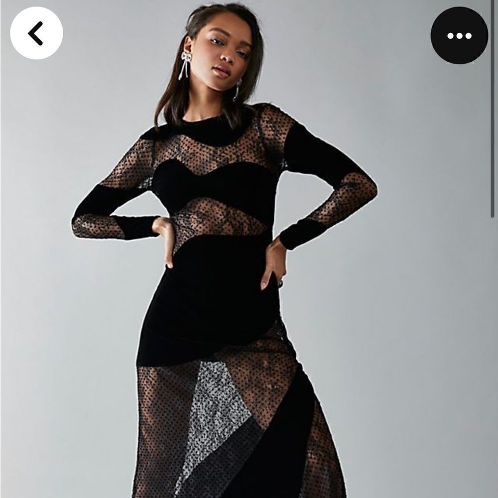 For Loveâ& Lemons Carolyn Maxi Black Velvet Wavy Flocked Dot Lace PanelâDress